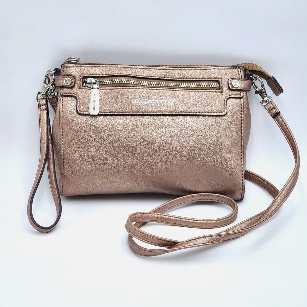 Liz Claiborne Elly Metallic Convertible Crossbody Bag Wristlet Rose Gold